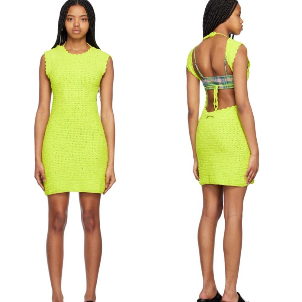 NWT Ganni Neon Green Open Back Crochet Mini Dress